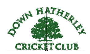 Logo of Down Hatherley Cricket Club, featuring a large green tree in the center with the club name curved above and below the tree in green text.