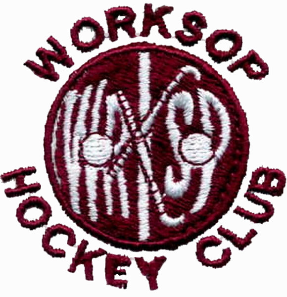 Embroidered logo of Worksop Hockey Club featuring two hockey sticks crossed over a ball, with maroon text surrounding a maroon and white circular design.