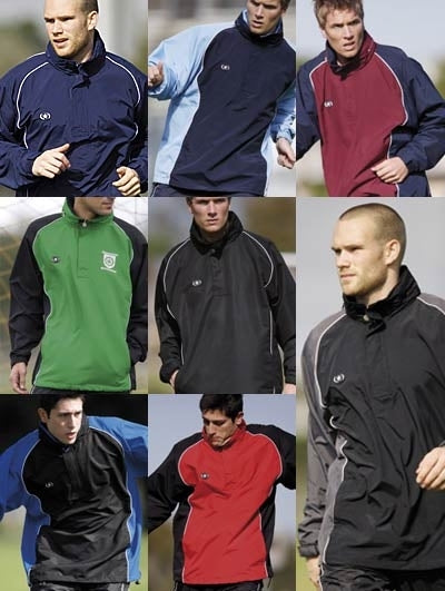 A 3x3 grid shows nine men wearing different colored sports jackets while outside. Each man is running or posing in a jacket of varying colors including blue, red, green, and black.