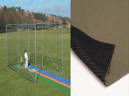 A cricket practice net on a grassy field with a player inside is shown on the left; on the right is a close-up of rolled artificial turf with a black backing.