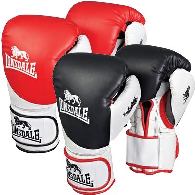 Two pairs of Lonsdale boxing gloves are displayed, one red and white, the other black and white, both with the Lonsdale lion logo visible on the back of the gloves and wrist straps.