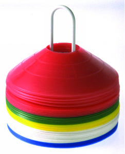 A stack of colorful plastic sports cones with a metal holder, arranged in red, green, yellow, white, and blue. The cones are used for field marking or training drills.