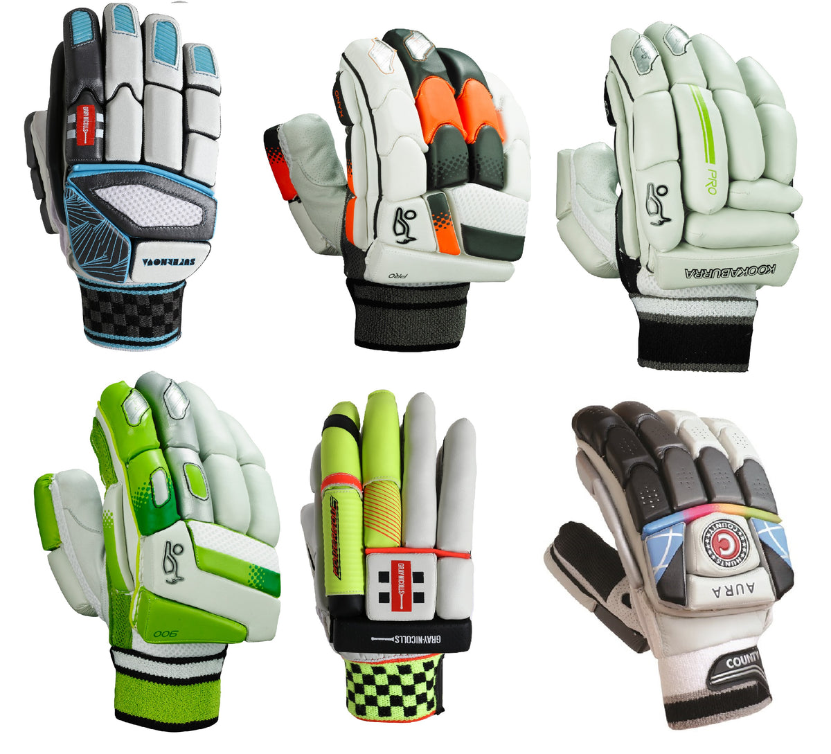 Six pairs of colorful cricket gloves with various designs and patterns, featuring protective padding, displayed on white background in two rows of three.