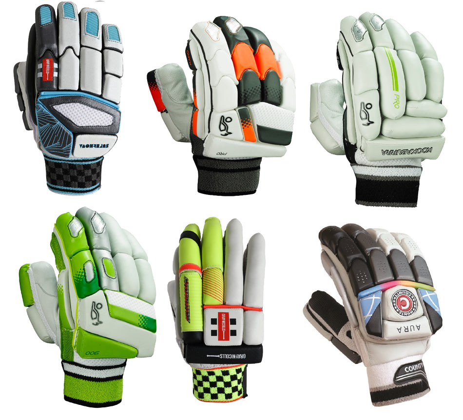 Six pairs of colorful cricket gloves with various designs and patterns, featuring protective padding, displayed on white background in two rows of three.