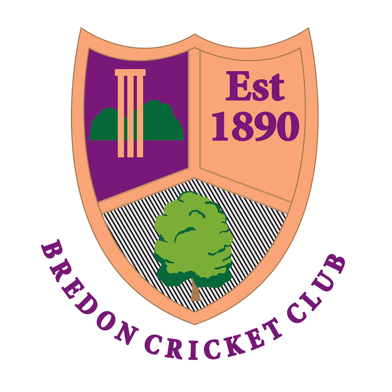 A shield-shaped emblem with Est 1890 and cricket stumps above a green tree, with Bredon Cricket Club written in purple below.