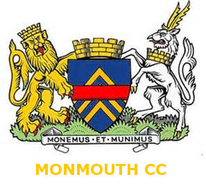 The Monmouth CC crest features a gold lion and a white unicorn flanking a shield with red and blue chevrons, above a banner reading Monemus Et Munimus. MONMOUTH CC is written below in yellow.