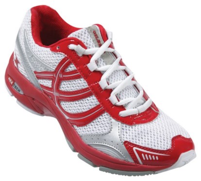 A white athletic sneaker with red and silver accents, featuring white laces, a mesh upper, and a rubber sole. The design is sporty and modern.