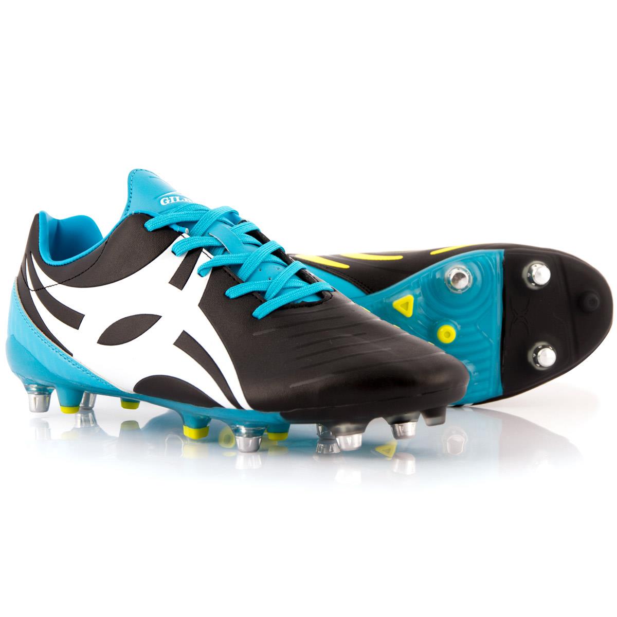 A pair of black and blue soccer cleats with white accents, metal studs on the soles, and blue laces, displayed on a white background.