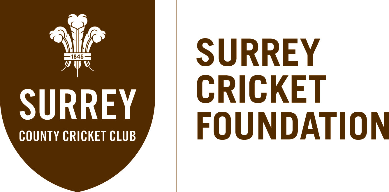 Brown and white logo featuring the Surrey County Cricket Club emblem on the left and the words Surrey Cricket Foundation in bold capital letters on the right.