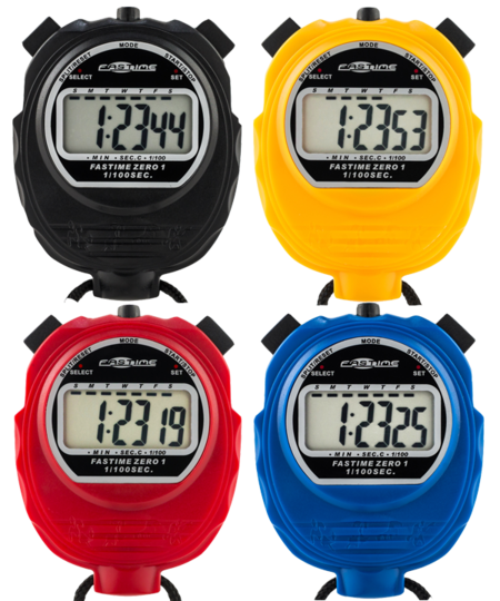 Four digital stopwatches—black, yellow, red, and blue—displaying different times are arranged in a 2x2 grid on a white background.