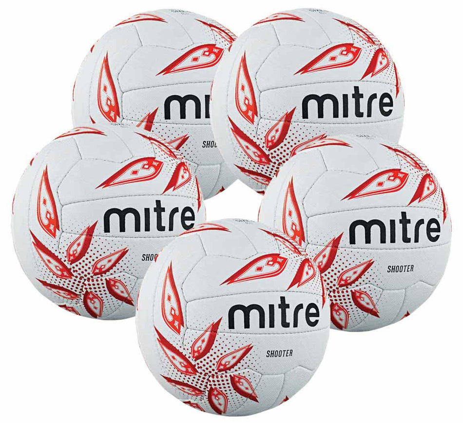 Five white Mitre Shooter footballs with red patterns are grouped together. The brand name mitre is prominently displayed on each ball.