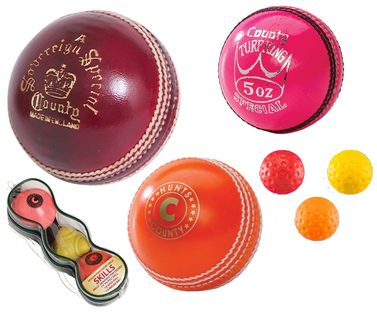 A variety of colorful cricket balls, including red, pink, orange, yellow, and orange-yellow balls, with different brands and textures displayed on a white background.