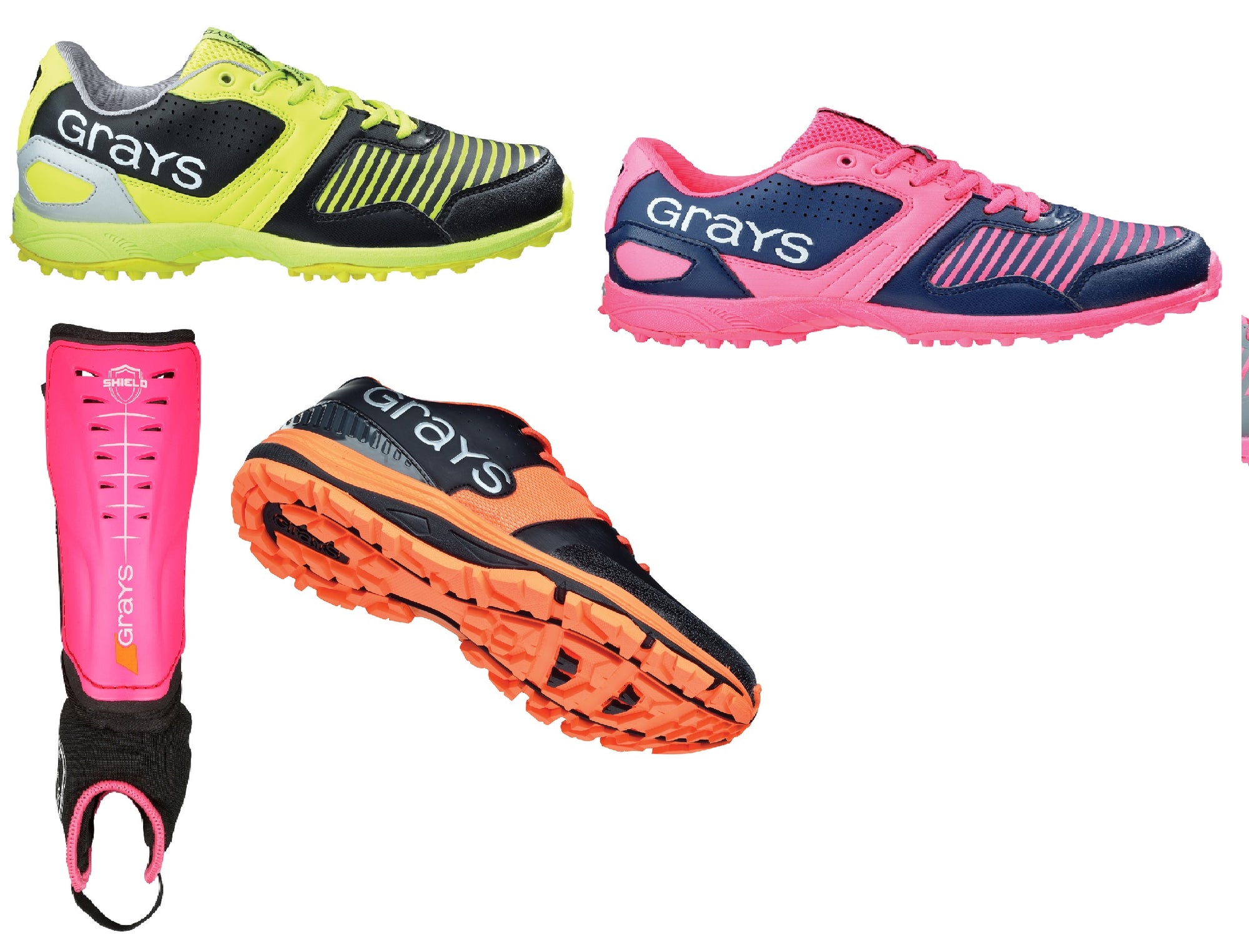 Four Grays field hockey items: two pairs of turf shoes (one yellow and black, one pink and navy), one pink shin guard, and one black, orange, and pink shoe viewed from the sole.