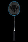 A badminton racket with a blue frame, black strings, and a black grip is displayed against a plain black background.