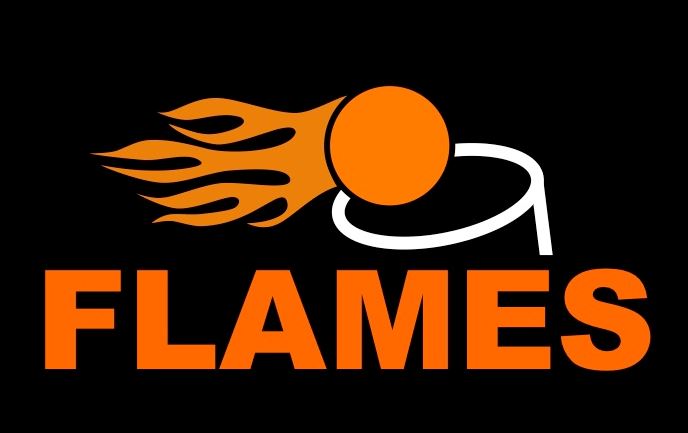 Logo with the word FLAMES in bold orange letters below an orange ball with flames, appearing to go through a white basketball hoop, on a black background.