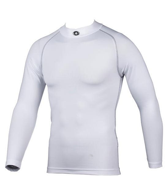 A plain white, long-sleeve, tight-fitting athletic compression shirt displayed on a featureless mannequin against a white background.