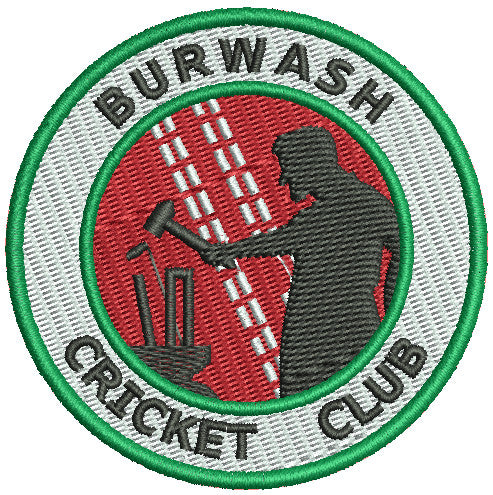 Embroidered badge with the words Burwash Cricket Club around a green circle, featuring a red background and a silhouette of a cricketer hitting stumps with a bat.