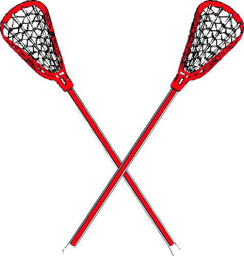 Two red lacrosse sticks with black netting are crossed over each other on a plain white background.