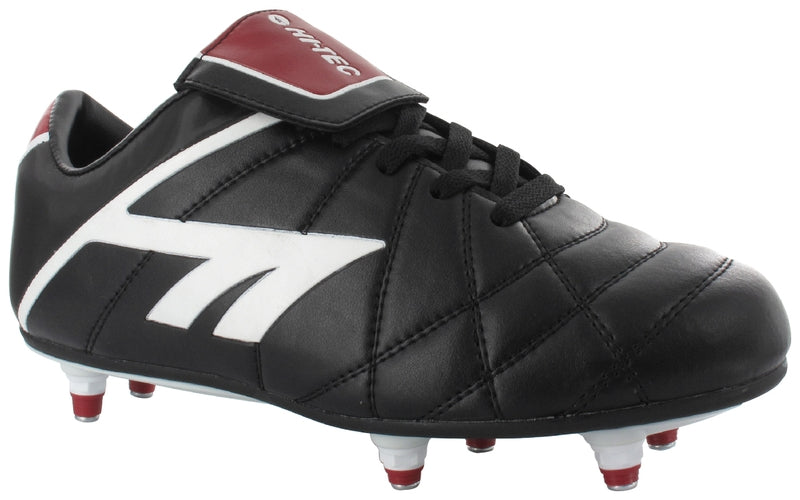 Black and white soccer cleat with a red and white tongue, black laces, and six metal studs on the sole, designed for playing on grass.