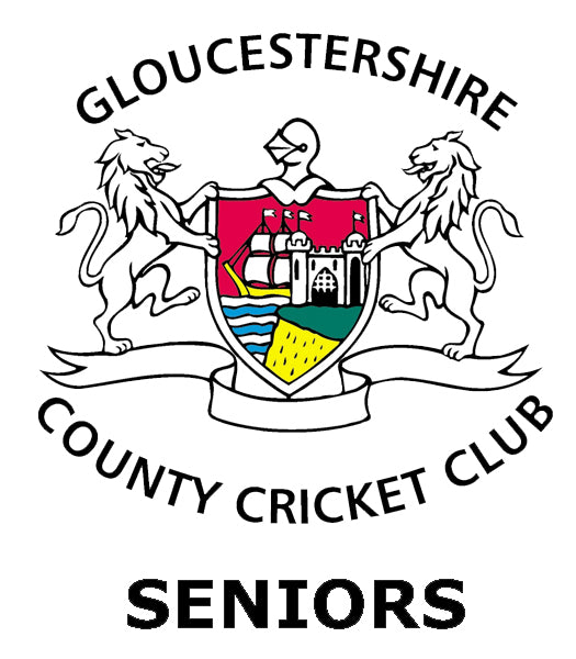 Coat of arms with two lions holding a shield featuring a castle, ship, river, and field. Text reads Gloucestershire County Cricket Club Seniors above and below the emblem.
