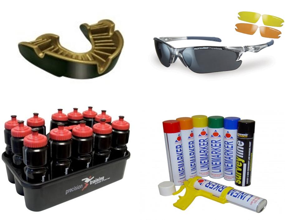 A collage showing a black and gold mouthguard, sports sunglasses with interchangeable lenses, a carrier holding multiple water bottles, and several large colored line markers.