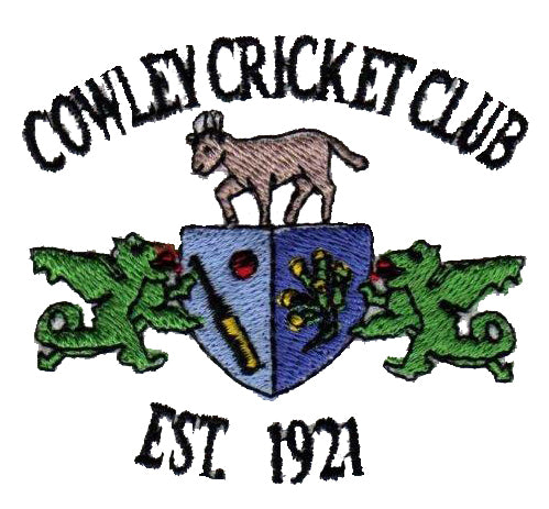 Embroidered Cowley Cricket Club crest with a donkey above a blue shield featuring a cricket bat, ball, and stumps, flanked by two green dragons. Text: Cowley Cricket Club Est. 1921.