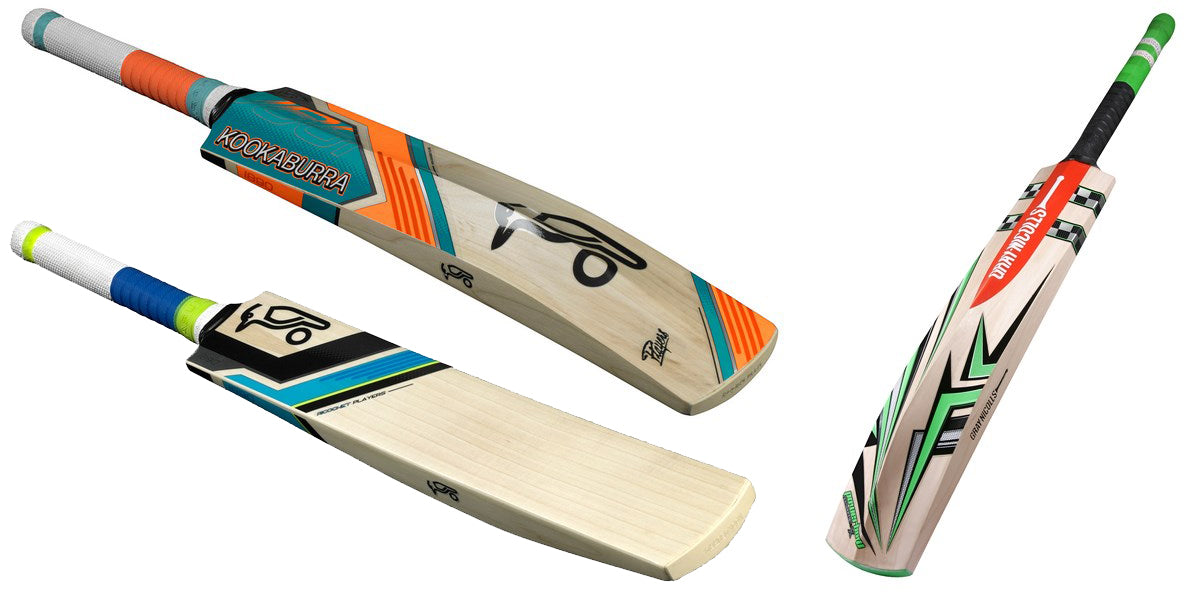 Three cricket bats are displayed against a white background, each featuring colorful handles and bold, modern designs on the blade, including prominent logos and patterns in orange, green, blue, and black.