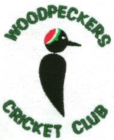 Logo of Woodpeckers Cricket Club featuring a stylized black woodpecker with a red, green, and white cap, surrounded by the club name in green, curved text.