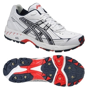 White athletic shoe with black and red accents. The top view shows Asics branding, while the sole view displays a black and red tread with several metal spikes for enhanced traction.