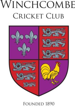 Winchcombe Cricket Club logo with a shield divided into quarters: three fleur-de-lis, three lions repeated twice, and a yellow rooster. Founded 1890 is written below the shield.