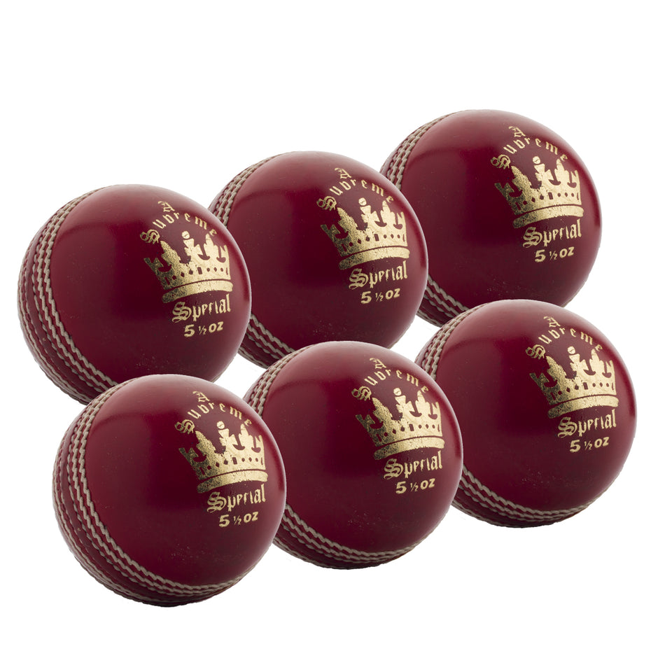 Six shiny red cricket balls with gold crowns and Sovereign Sypral 5 1/2 oz printed on them, arranged in two rows on a white background.