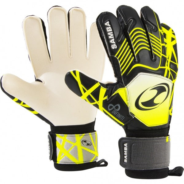 A pair of goalkeeper gloves with a black, yellow, and white design, featuring the brand name SAMBA and Velcro wrist straps, shown with one palm facing forward and one back.