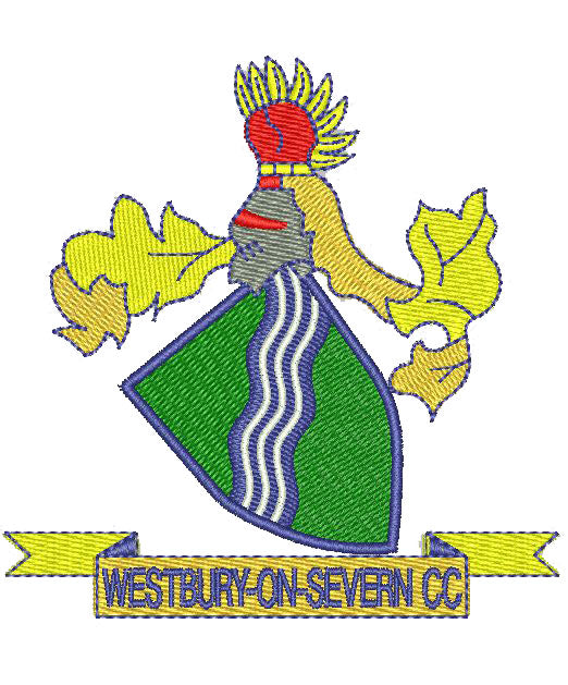 Embroidered crest with a helmet, yellow and red plume, green shield featuring wavy white lines, yellow leaves, and a banner reading WESTBURY-ON-SEVERN CC.