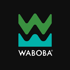 Waboba logo with a green W shape above a teal wave pattern on a black background, and the word WABOBA written in white below.