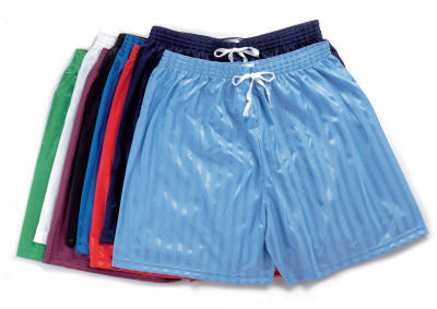 The Precision Continental Stripe Shorts by Precision Training are black polyester athletic shorts with a shiny striped texture and a tie waist drawstring for comfort.