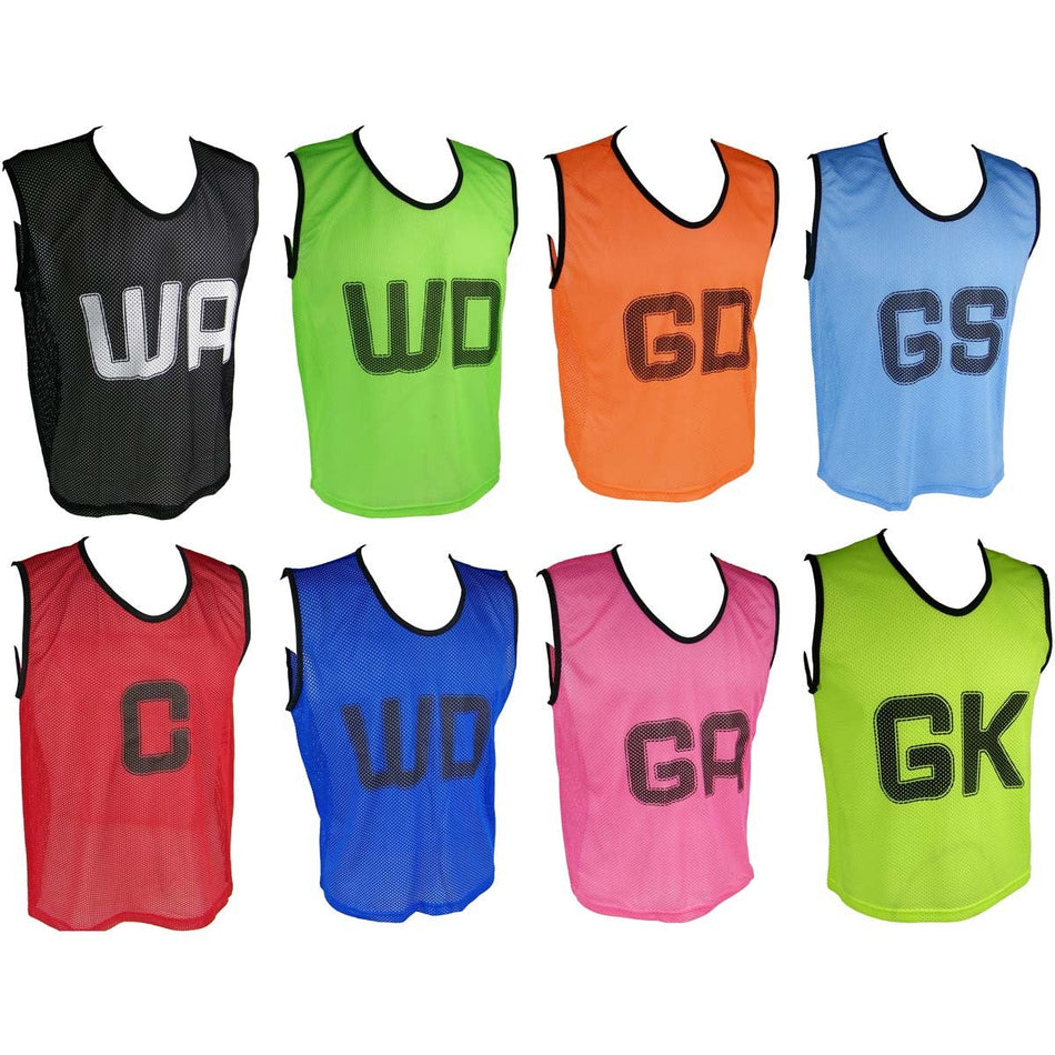 Martin Berrill Sports Micro Mesh Netball Training Bib Set in black, featuring bold positional letters—ideal for netball training sessions. Includes all key positions for organized play.