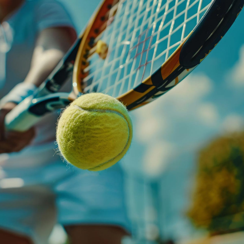 Close-up of a tennis player in white hitting a yellow tennis ball with a racket outdoors on a sunny day, with the background softly blurred.