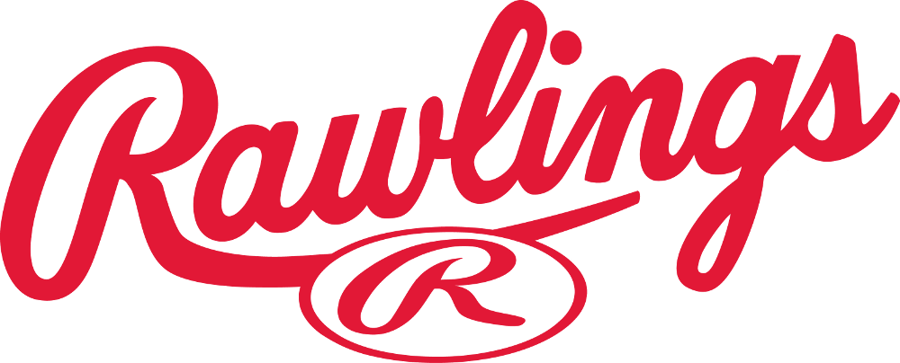 The image shows the Rawlings logo with the word Rawlings in bold, red, cursive lettering and a stylized R inside an oval beneath the text.