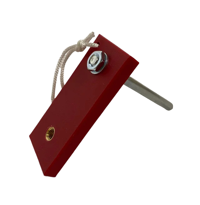 The Fusion Multi-Stump Spike HG (Hard Ground) by Fusion is a red rectangular tool with steel spikes for hard ground, a string loop, metal nut and bolt on one end, metal ring on the other, and a long side rod. Made in England, shown on white background.
