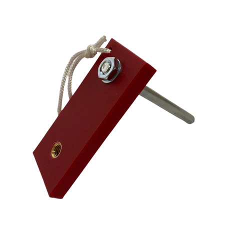 The Fusion Multi-Stump Spike HG (Hard Ground) by Fusion is a red rectangular tool with steel spikes for hard ground, a string loop, metal nut and bolt on one end, metal ring on the other, and a long side rod. Made in England, shown on white background.