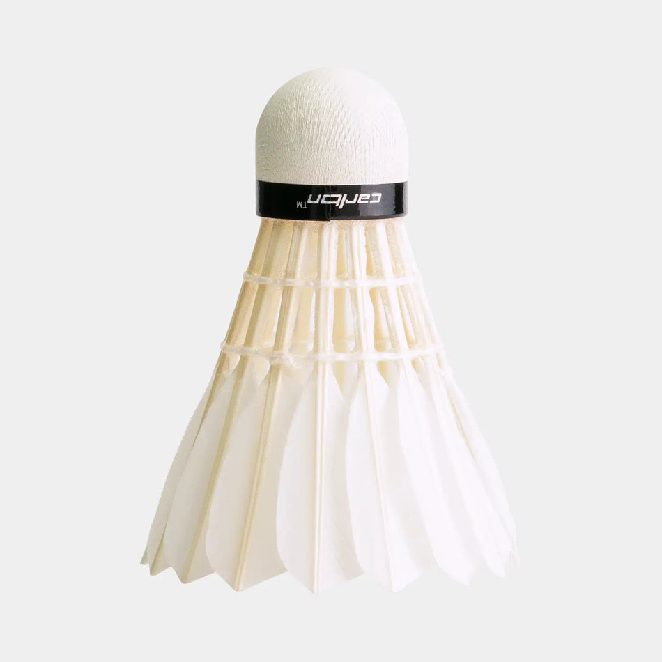 A close-up of the Carlton GT3 Club Grade shuttlecock (12 Pack) by Carlton, featuring duck feathers, a textured rounded tip, and feathered skirt against a light gray background—ideal for club-level badminton.