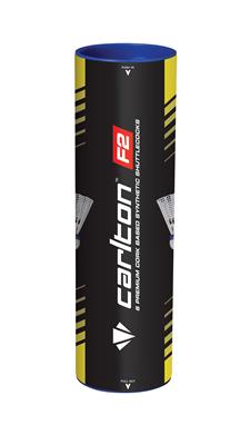 Carlton F2 Shuttles by Carlton come in a cylindrical tube with a natural cork base, ultra-durable skirt, and packaging featuring black, yellow, and blue design plus the Carlton logo and shuttlecock illustrations.