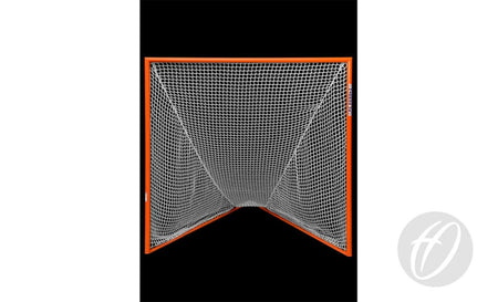A Harrod Sport Competition Lacrosse Nets 5MM in white heavy-duty knotless construction is stretched over an orange lacrosse goal frame and viewed head-on against a black background, with a gray circular logo positioned in the bottom right corner.