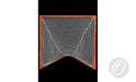 A Harrod Sport Competition Lacrosse Nets 5MM in white heavy-duty knotless construction is stretched over an orange lacrosse goal frame and viewed head-on against a black background, with a gray circular logo positioned in the bottom right corner.