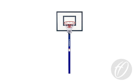 A freestanding Harrod Sport Mini Basketball Goal features a clear backboard, regulation size ring, and white net mounted on a blue pole. The lower right corner of the white background displays a faint circular logo.