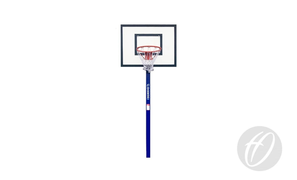 A freestanding Harrod Sport Mini Basketball Goal features a clear backboard, regulation size ring, and white net mounted on a blue pole. The lower right corner of the white background displays a faint circular logo.