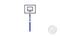 A freestanding Harrod Sport Mini Basketball Goal features a clear backboard, regulation size ring, and white net mounted on a blue pole. The lower right corner of the white background displays a faint circular logo.