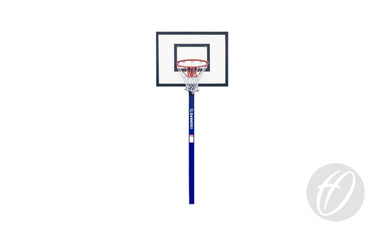 A freestanding Harrod Sport Mini Basketball Goal features a clear backboard, regulation size ring, and white net mounted on a blue pole. The lower right corner of the white background displays a faint circular logo.