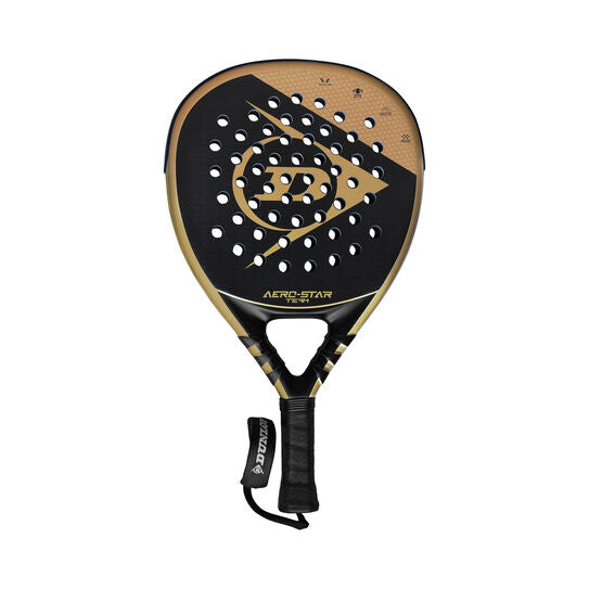 The Dunlop Aerostar Team Padel Bat features a black and gold design with a perforated face, large Dunlop logo, and wrist strap, offering maximum power, stability, and control. Shown against a white background.