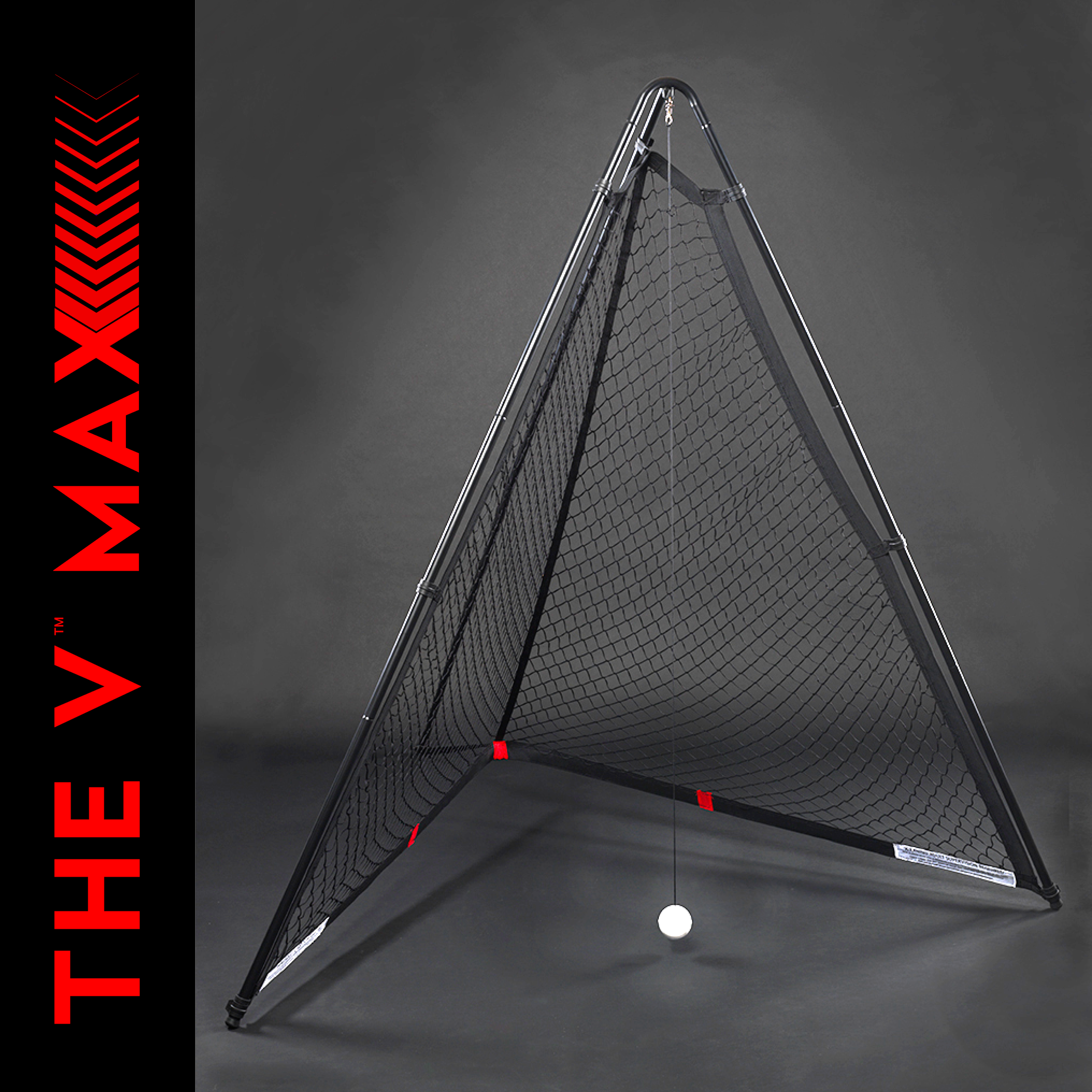 Against a dark backdrop, The V Max by The V—a black, triangular portable cricket net with a suspended ball—is displayed. Bold red text reading THE V MAX with chevrons appears on the left.